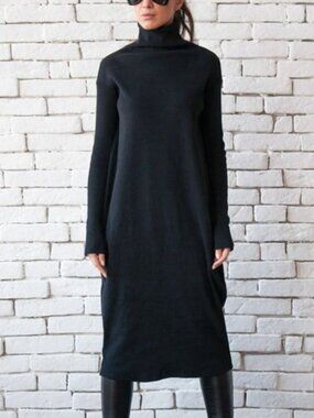 Metamorphoza Women's Black Ribbed Long Sleeve Mock Neck Dress Size 16